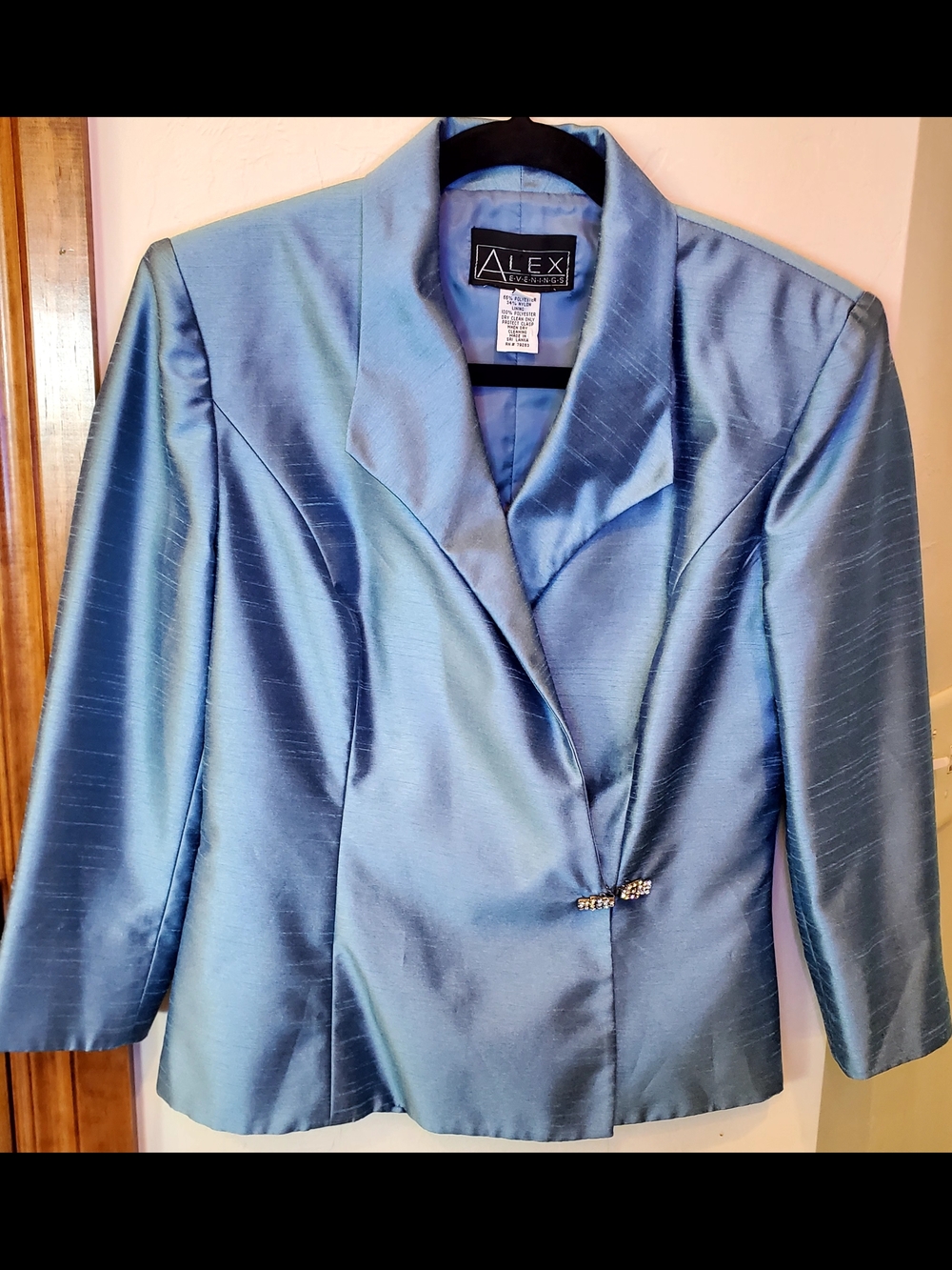 90's Alex Evenings Blue Satin Evening Jacket w/ Rhinestone Clasp Size 8